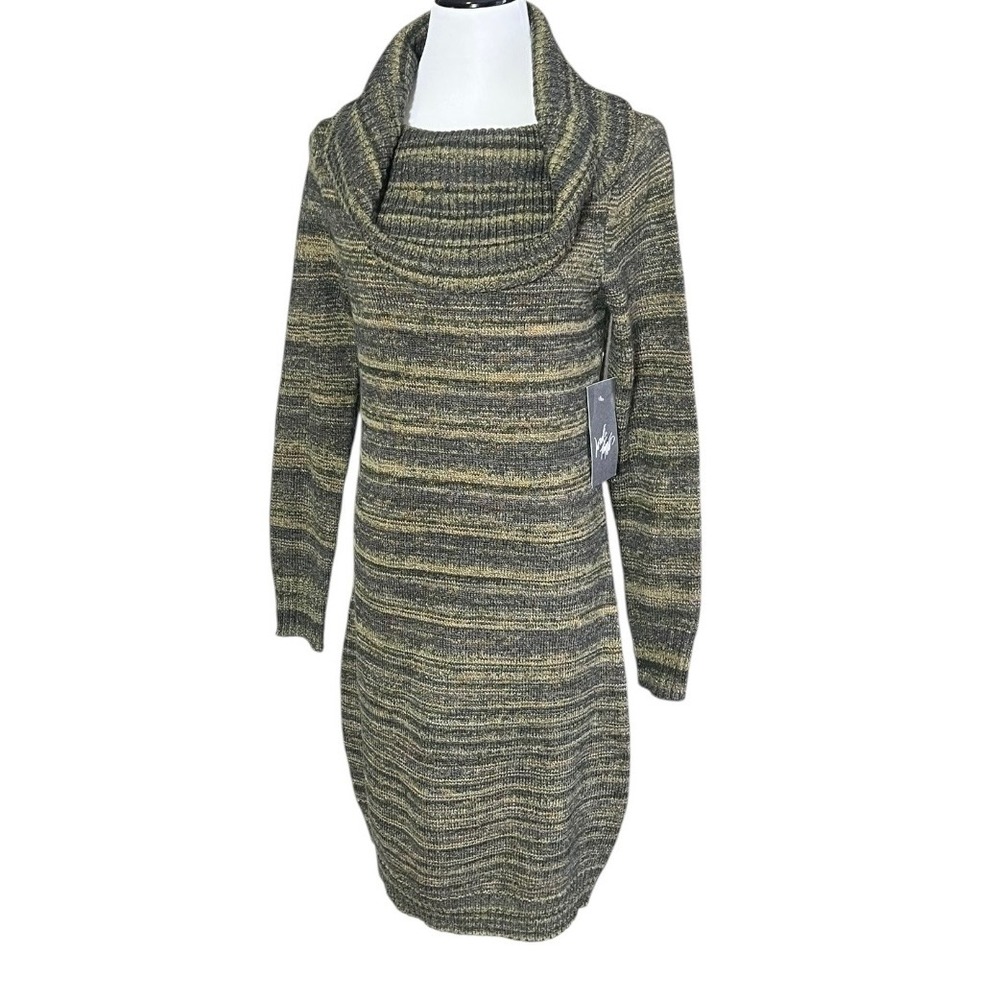 Maggy London Cowl Neck Sweater Dress Green‎ Gold Striped Knit Long Sleeve Large